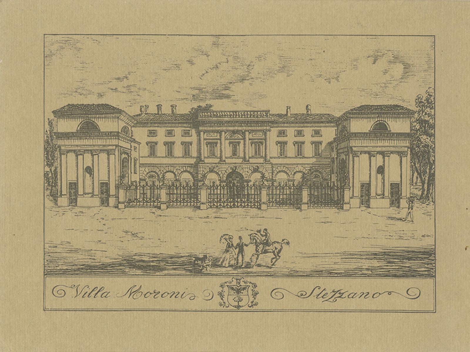Disegno di una villa storica, elegante e maestosa, con giardini e figure in movimento.
